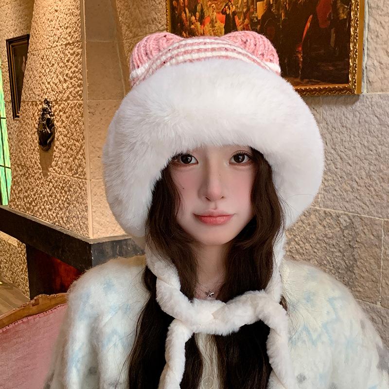 Korean Style Striped Plus Velvet Thickened Knitted Hat for Women Winter Warm Ear Protection Plush Hat New Braided Lei Feng Hat Trendy