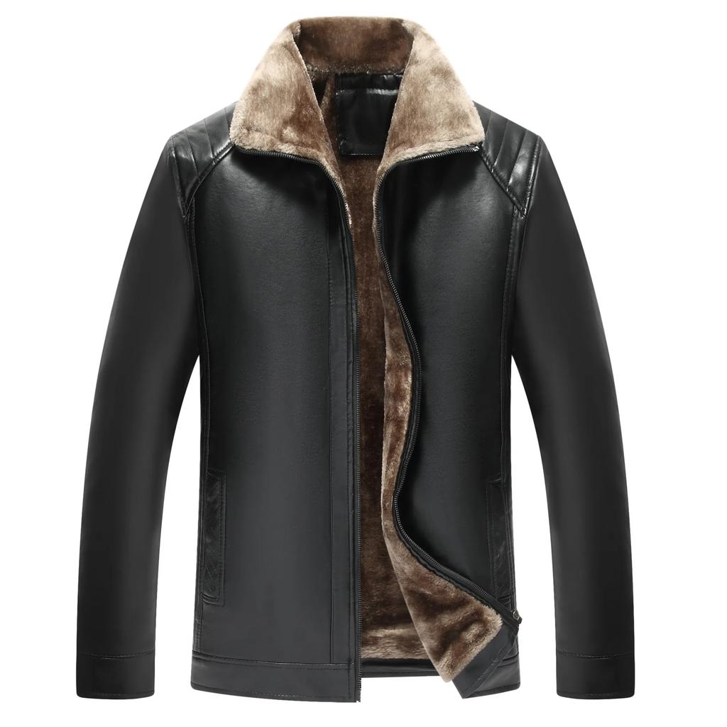 Men's Winter Fashion Solid Color Fur Integrated Fleece Thickened Warm Leather Jacket Casual Loose Coats Man