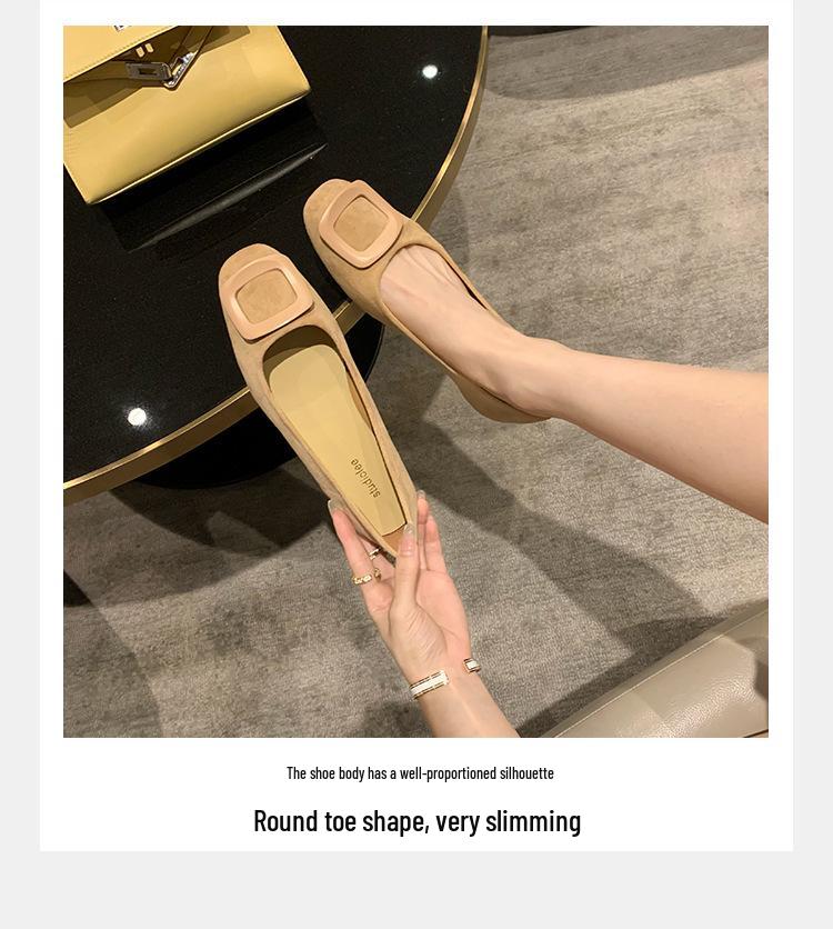 Autumn Round Toe Suede Commuter Flats: Elegant Square Buckle Design for Women