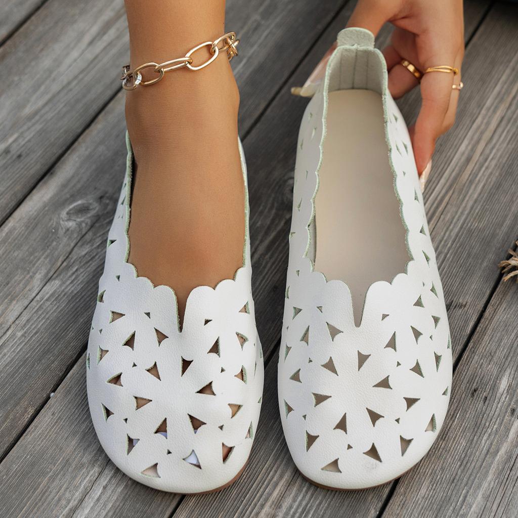 Women's Lefer Shoes, New Round-toe Flat White Perforated Single Shoes, Bow Tie Sandals
