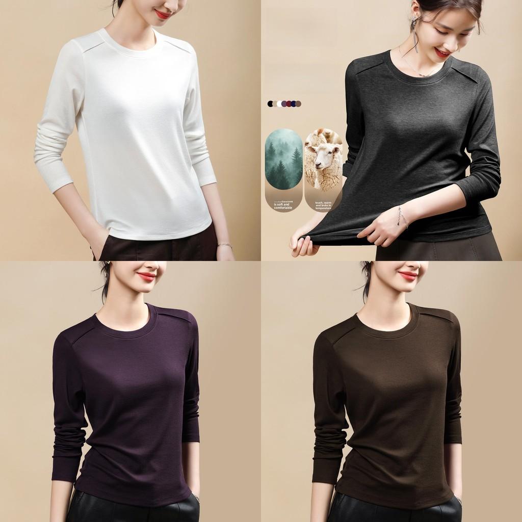 Laseer Tencel Wool Long Sleeve Womens Slim Fit Top With Round Neck For Casual Wear