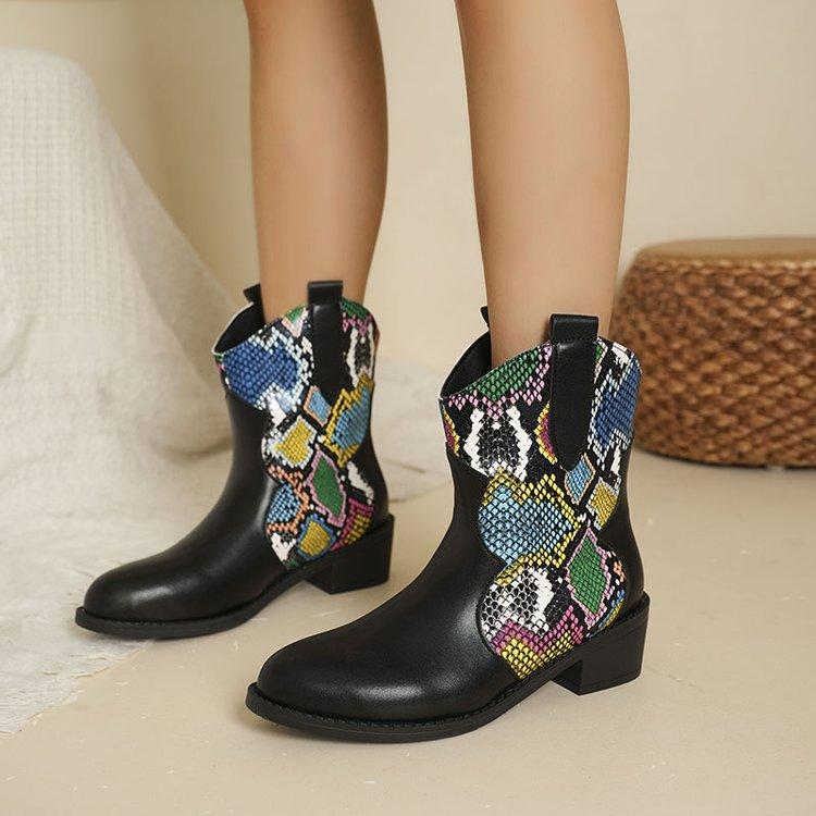Fashion Women's Short Boots, Chunky Heels, Designer Python Print, Fashion and Ankle Boots