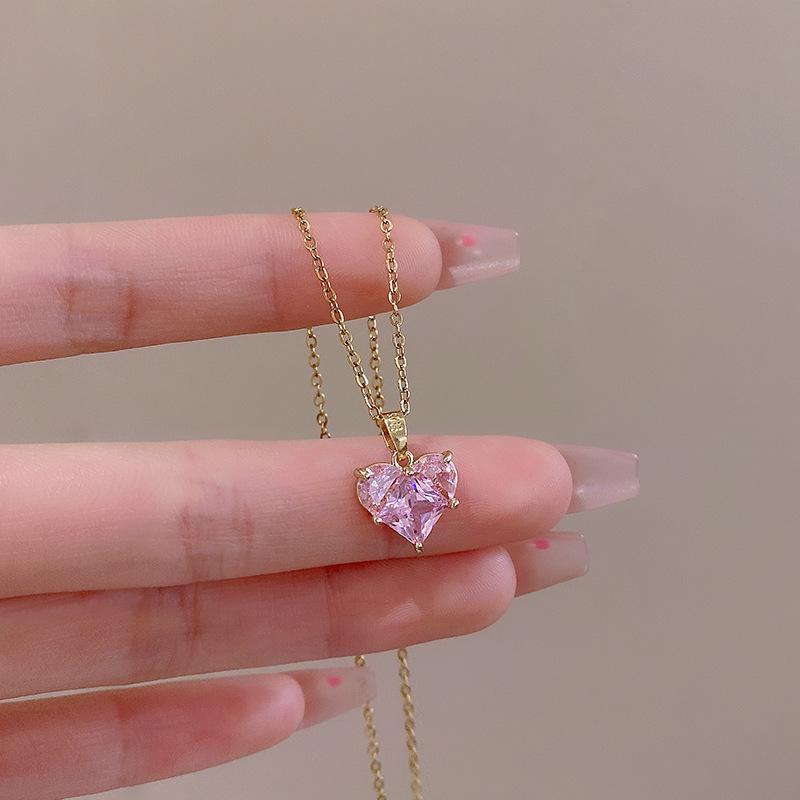 Pink zircon love necklace female sweet titanium steel clavicle chain light luxury match