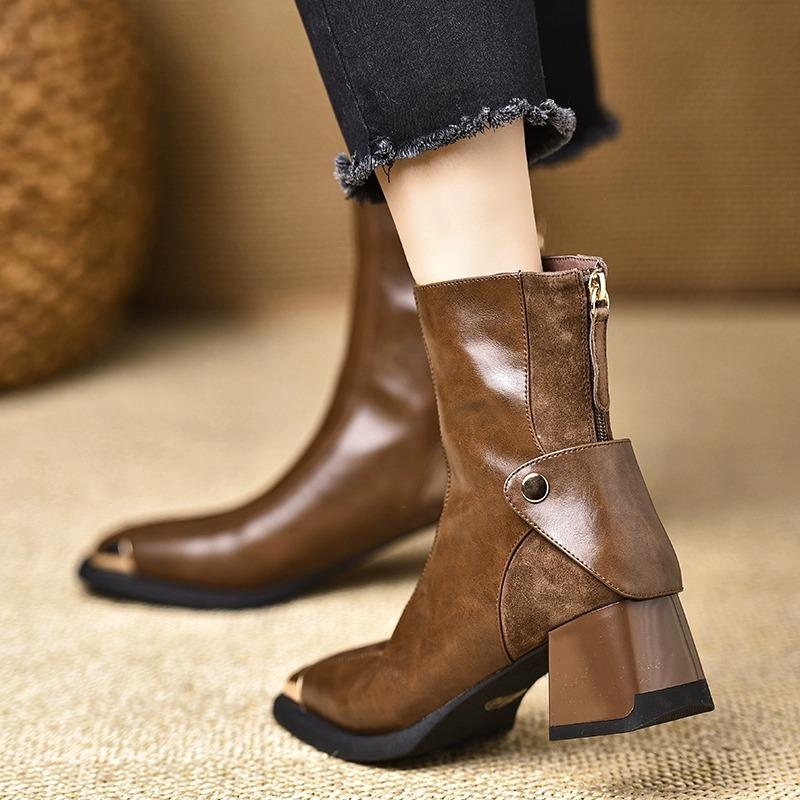 Metal Square Head Short Boots Femininity Black High Heel Short Skinny Boots Not Tired Martin Boots