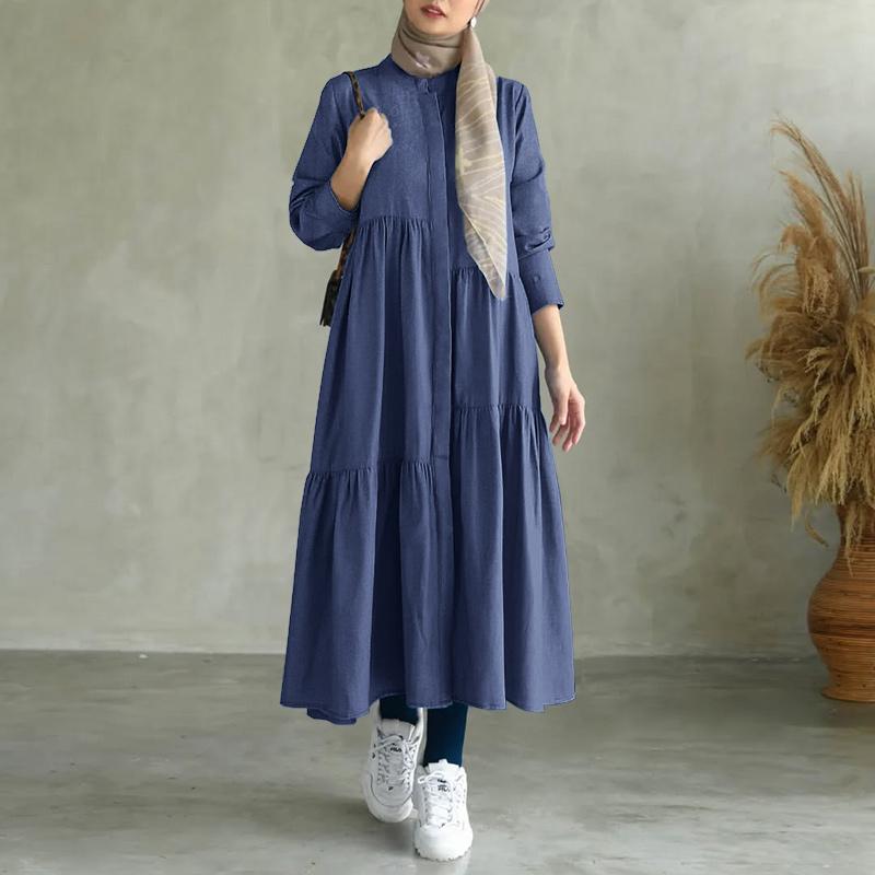 ZANZEA Women Casual Round Neck Solid Color Long Sleeve Loose Dress