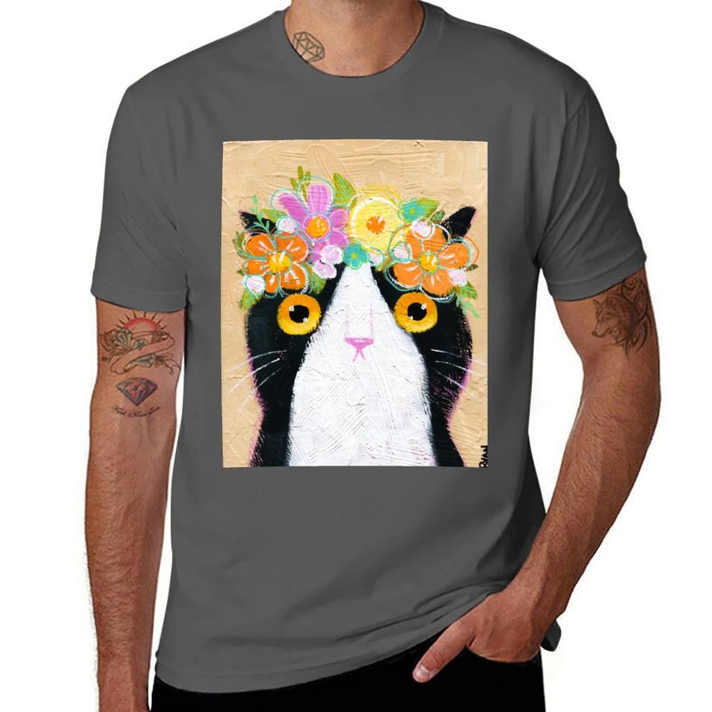 Kittys Flower Crown TShirt Aesthetic Clothes Customs for a Boy Black Tshirts for Men