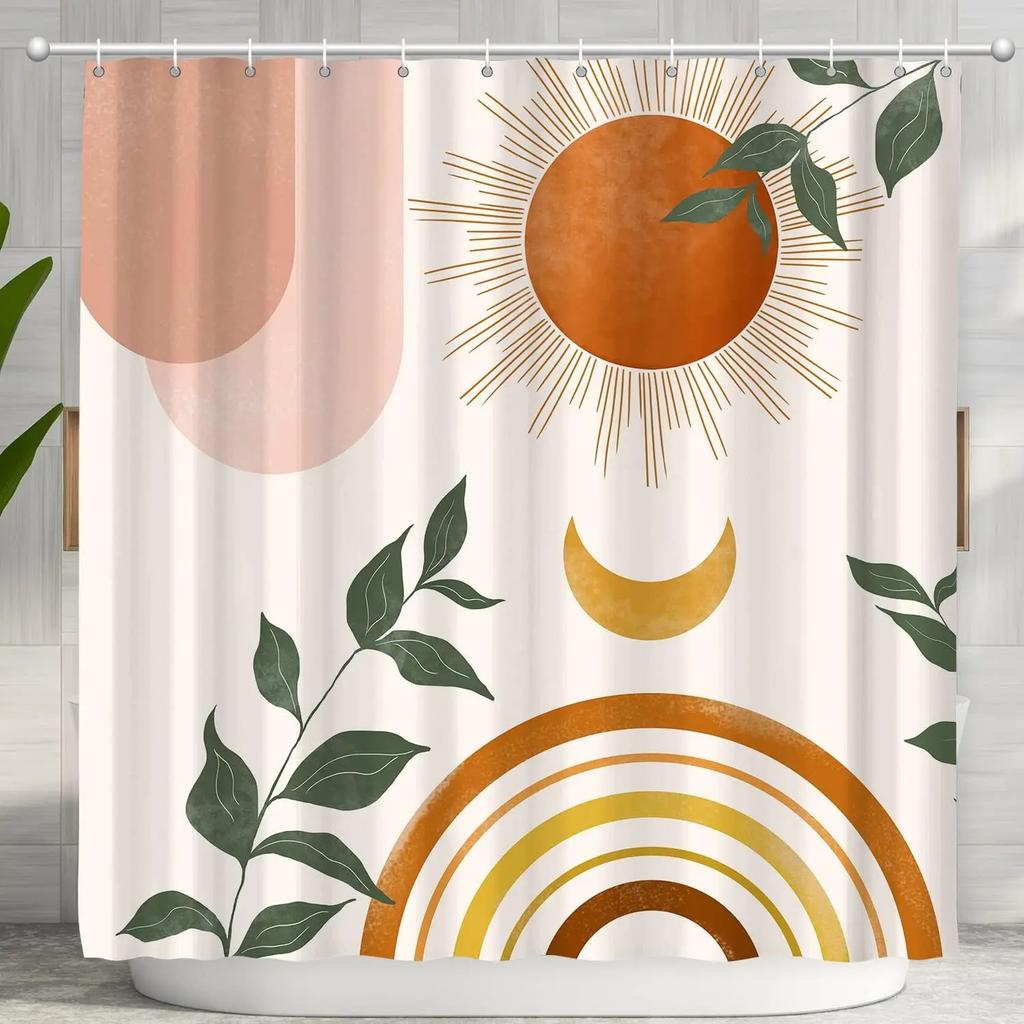 unframed abstract Bohemian shower curtain Medieval arch Sun leaf Modern minimalist aesthetic line geometric decorative shower cu