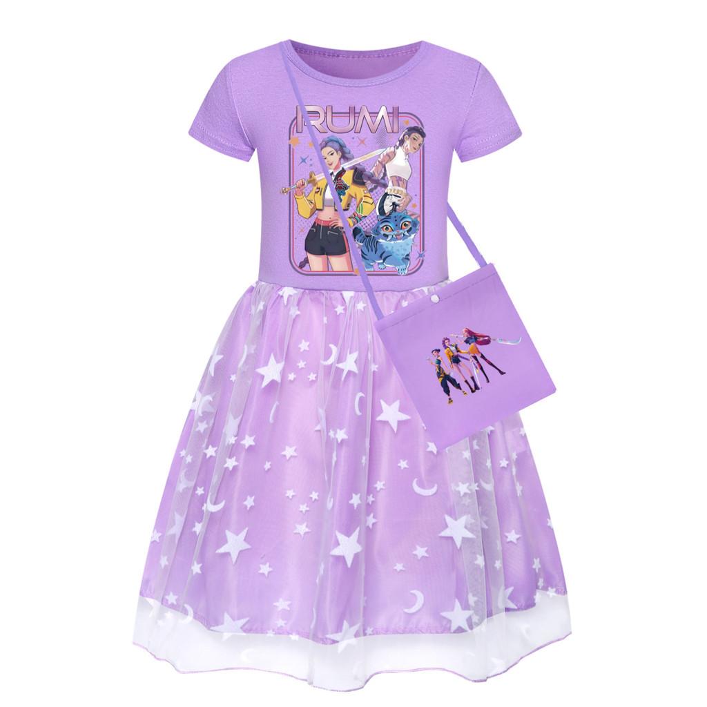 Kpop Demon Hunters Pattern Girl Dress With Cotton Fabric And Pleated Skirt For Kids Girls