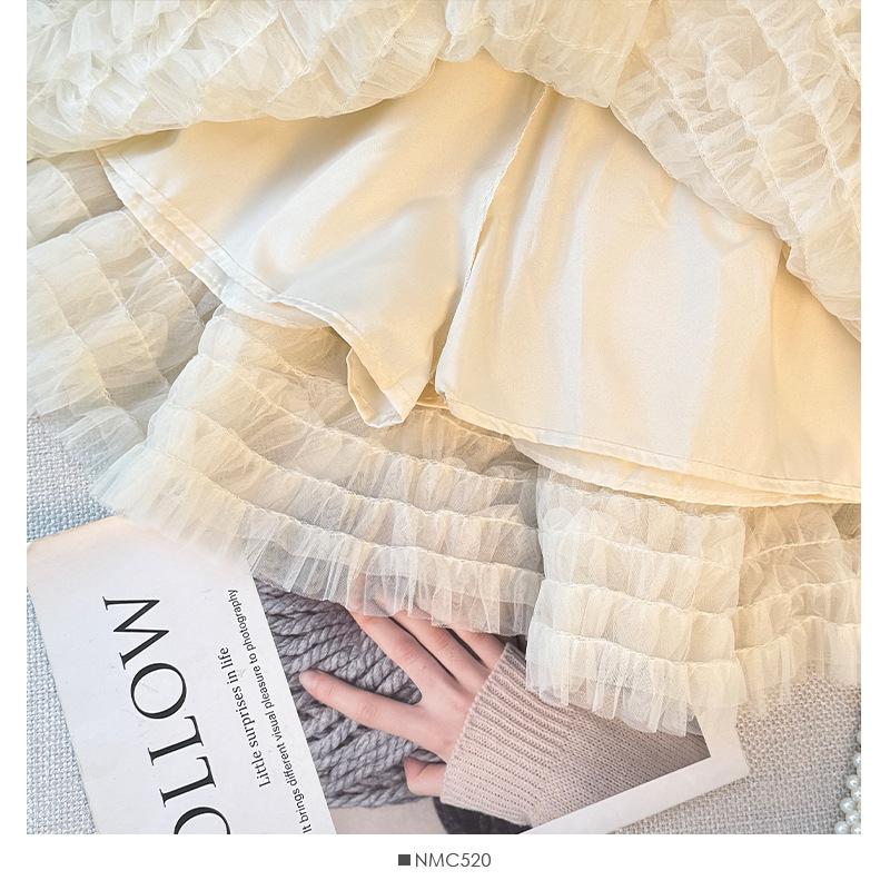 Korean Ballet-Inspired High-Waisted Ruffled Mesh A-Line Layered Skirt for Women, Autumn 2025