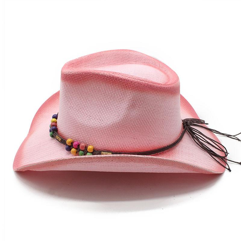 Pink Spray Paint Colored Wood Bead Straw Hat Ethnic Style Handmade Sun Hat Rolled Brim Warped Edge Western Denim Straw Hat
