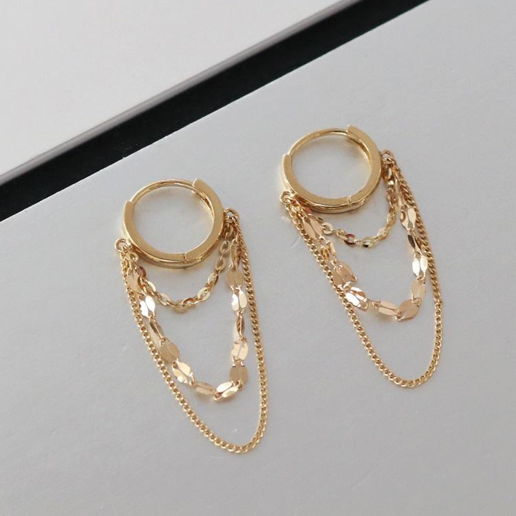 Beaded Curtain Tassel Earrings: 18K Gold-Plated S925 Silver Ear Cuffs with Double Chain Sparkle for Women 18K Gold Pair