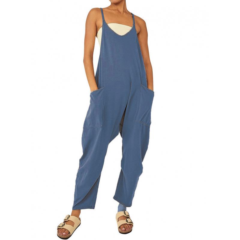 

2026 Women s Solid Color Patch Pocket Zipper Strappy Jumpsuit Large море синього кольору