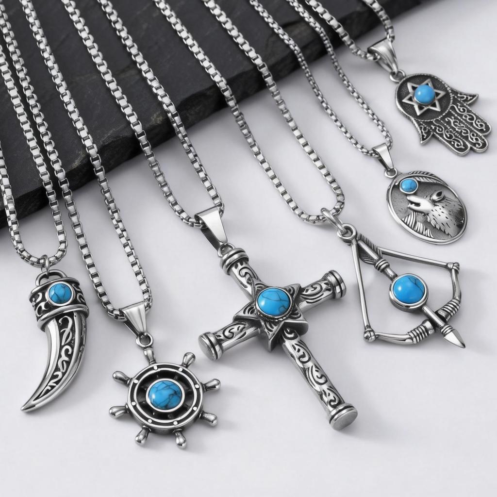 Vintage Men's Necklace,Stainless Steel Totem Natural Stone Pendant Necklace,Ethnic Punk Jewelry Gift