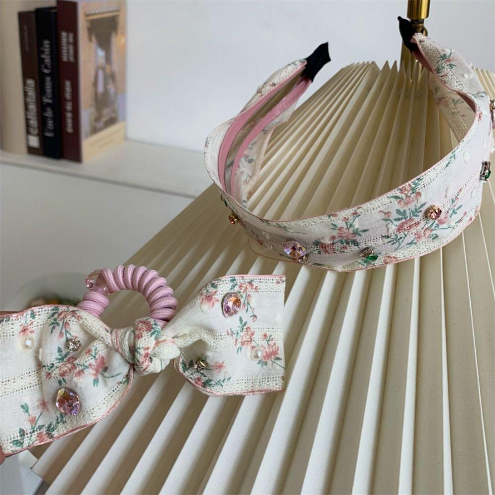 Korean Style Embroidery Lace Headband Floral Rhinestone Hair Band Sweet Bow Hair Rope  Headwear