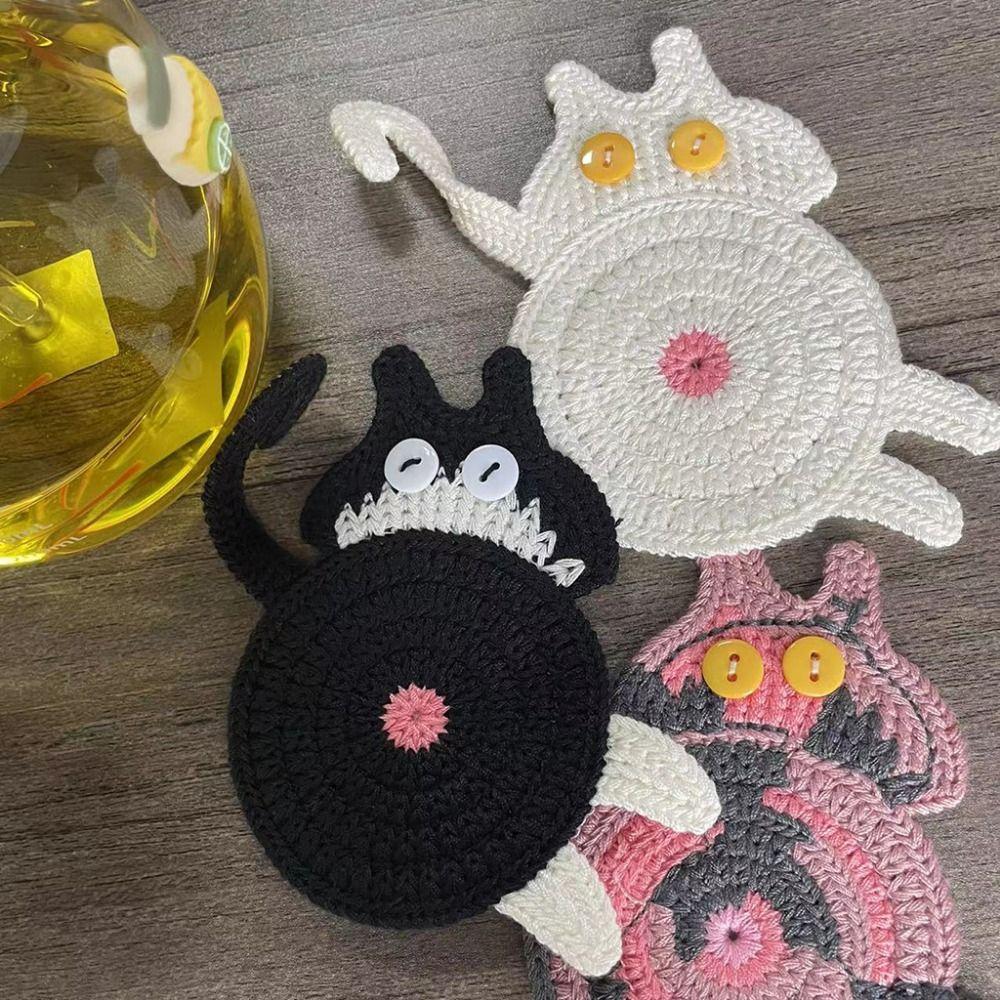 Cute Cat Butt Coasters Knitted Non-Slip Crochet Drink Mat Heat-Resistant Easy To Clean Cute Cat Coasters Table Protection