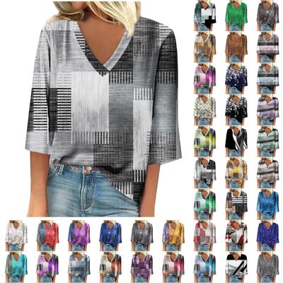 Damen Hemdbluse, lässig, lockere Hemden, 3/4-Ärmel, bedruckt, V-Ausschnitt, Oberteile, bedruckt, Oberteile, T-Shirts, Tee