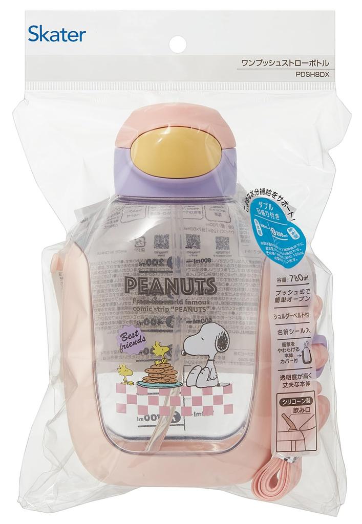 Skater Straw Water Bottle with Shoulder Snoopy Cafe PDSH8DX One-Push Strap, 780ml, 80's Design,