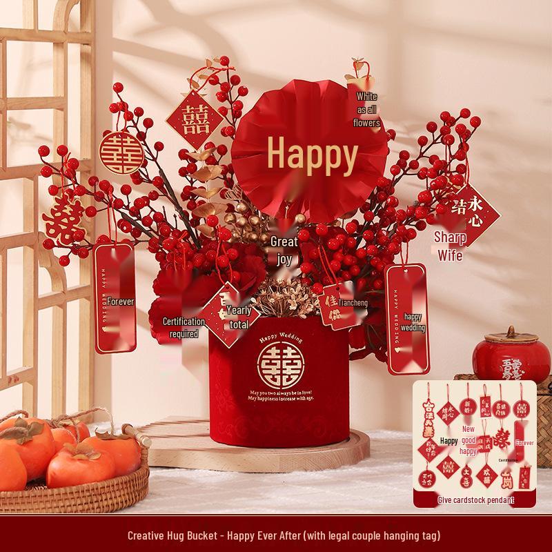Engagement & Wedding Ornaments: Room Decor Bouquet & Double Happiness Bucket Set for Newlyweds - Ideal for Master Bedroom & Living Room.