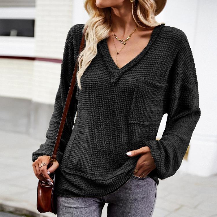 Autumn Winter Women Solid Color V Neck Knit Sweater Long Sleeve Top