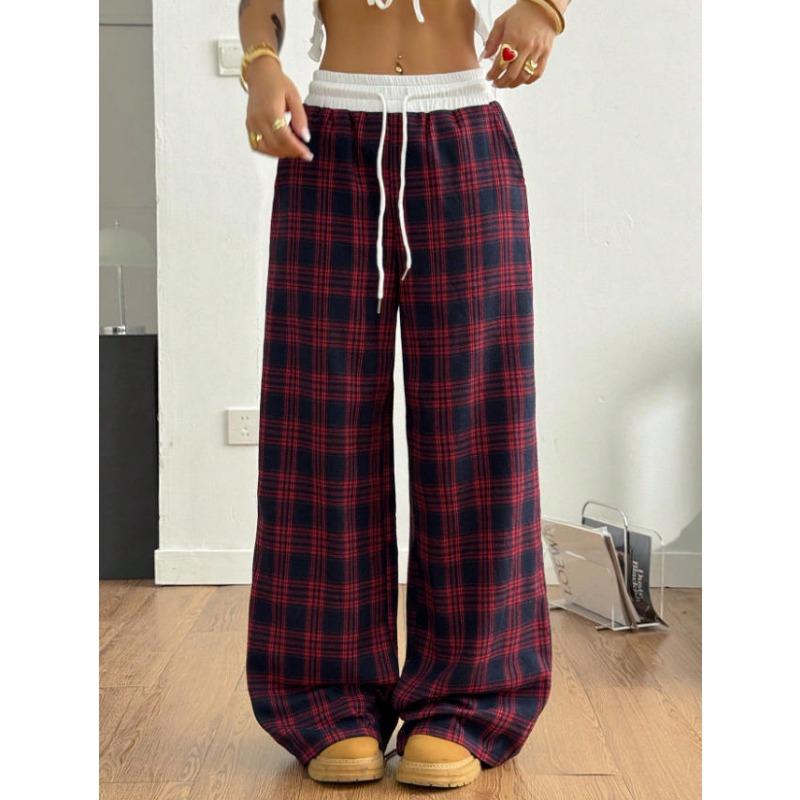 Pantaloni Casual Lunghi a Quadri con Vita Elastica e Gamba Larga, Stile Vintage Rilassato, per Donna