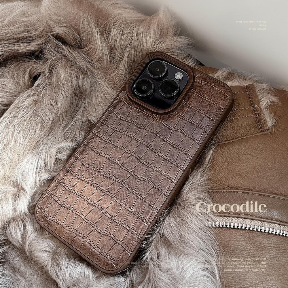 Retro Brown Crocodile Leather Pattern 15 Apple 16 Mobile Phone Case 14promax Premium Style Suitable for IPhone 13 Personality 11