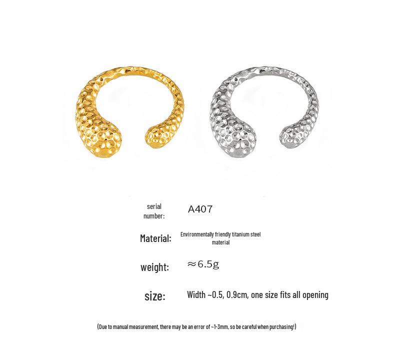 European & American Large Titanium Steel Water Drop Ring, 18K Gold Plated, Hammered Texture, Asymmetrical Open Design