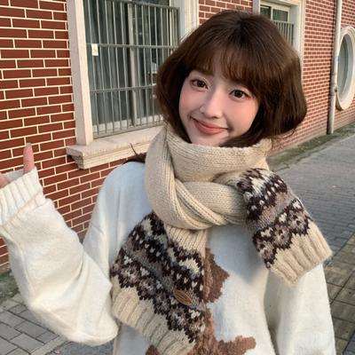 Écharpe en laine jacquard Fair Isle tricotée pour femmes, artistique, haut de gamme, chaude et résistante au froid