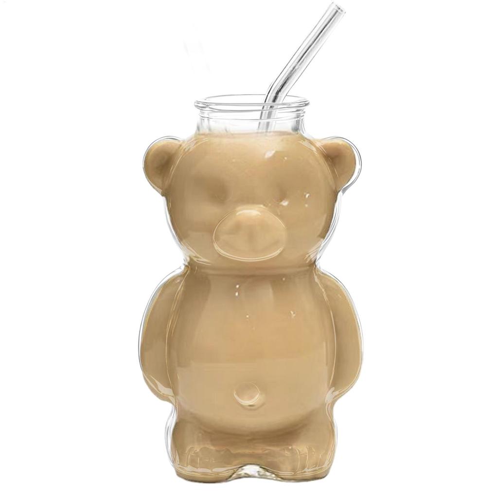 320ml Cute Bear Design Glass Coffee Cup with Straw Elegant Milk Tea Cup for Iced Hot Milk Juice Water Cocktail Beer Wine