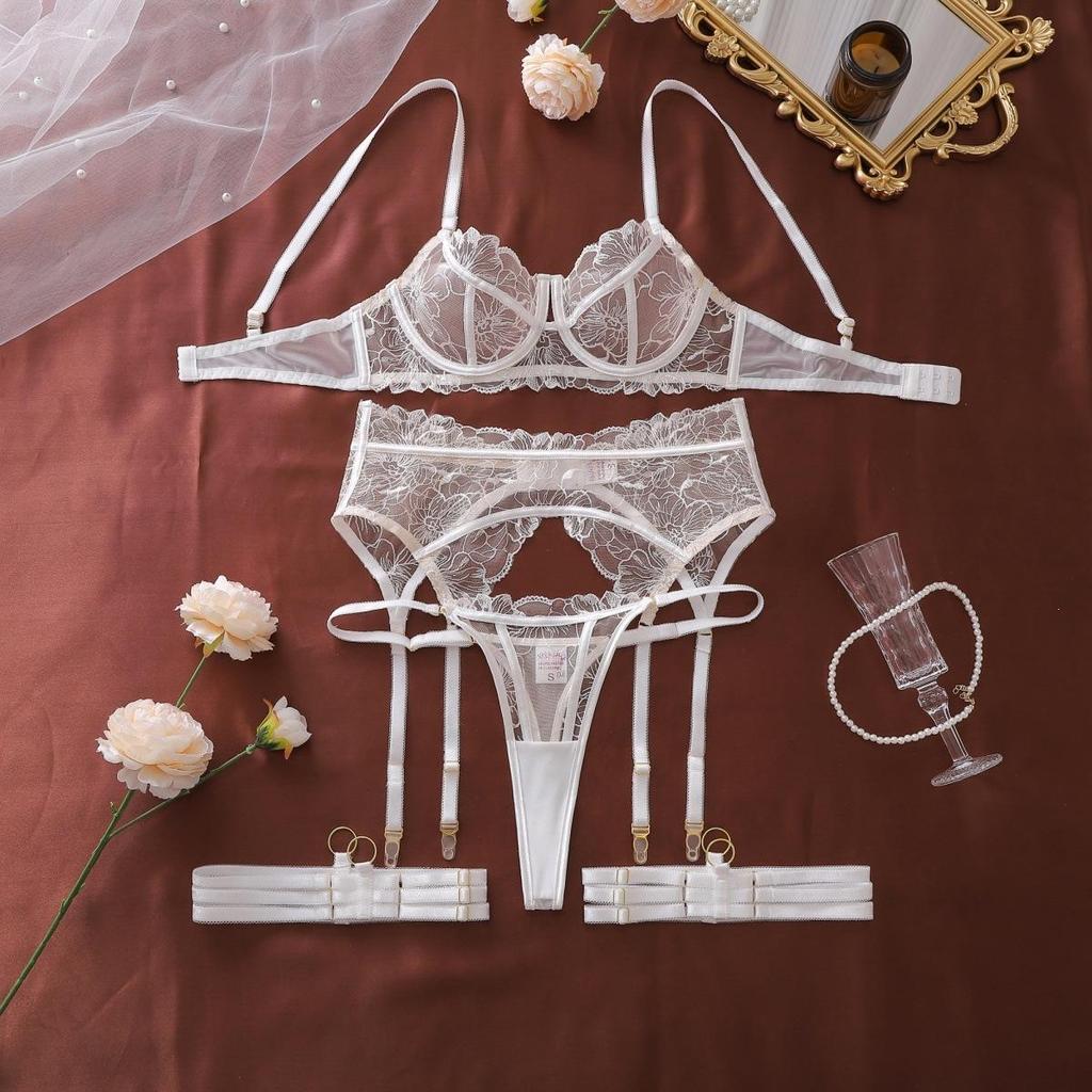 Women's Sexy French Thin Lingerie Set Floral Embroidery Sheer Mesh Push-Up Underwire Shapewear Lingerie Set