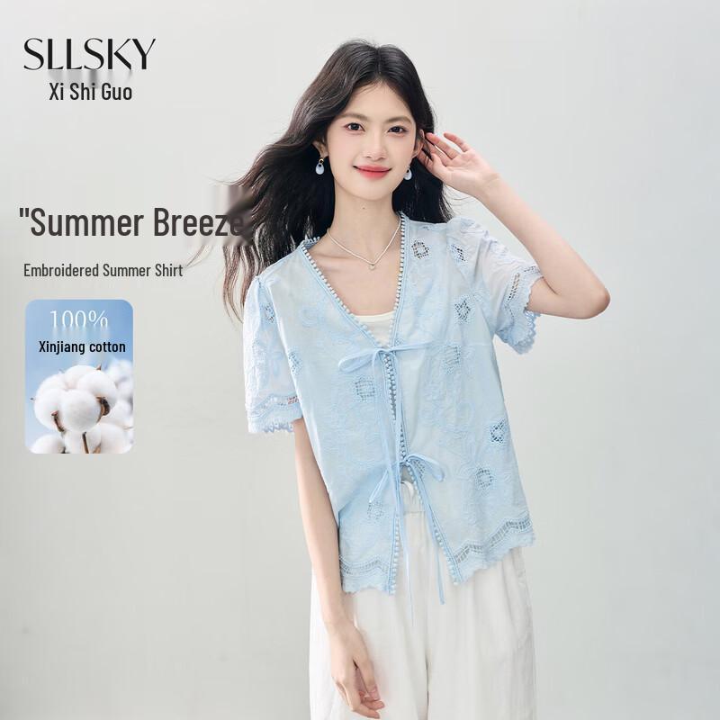 Women s French Embroidered Cotton V-Neck Short Sleeve Blouse S