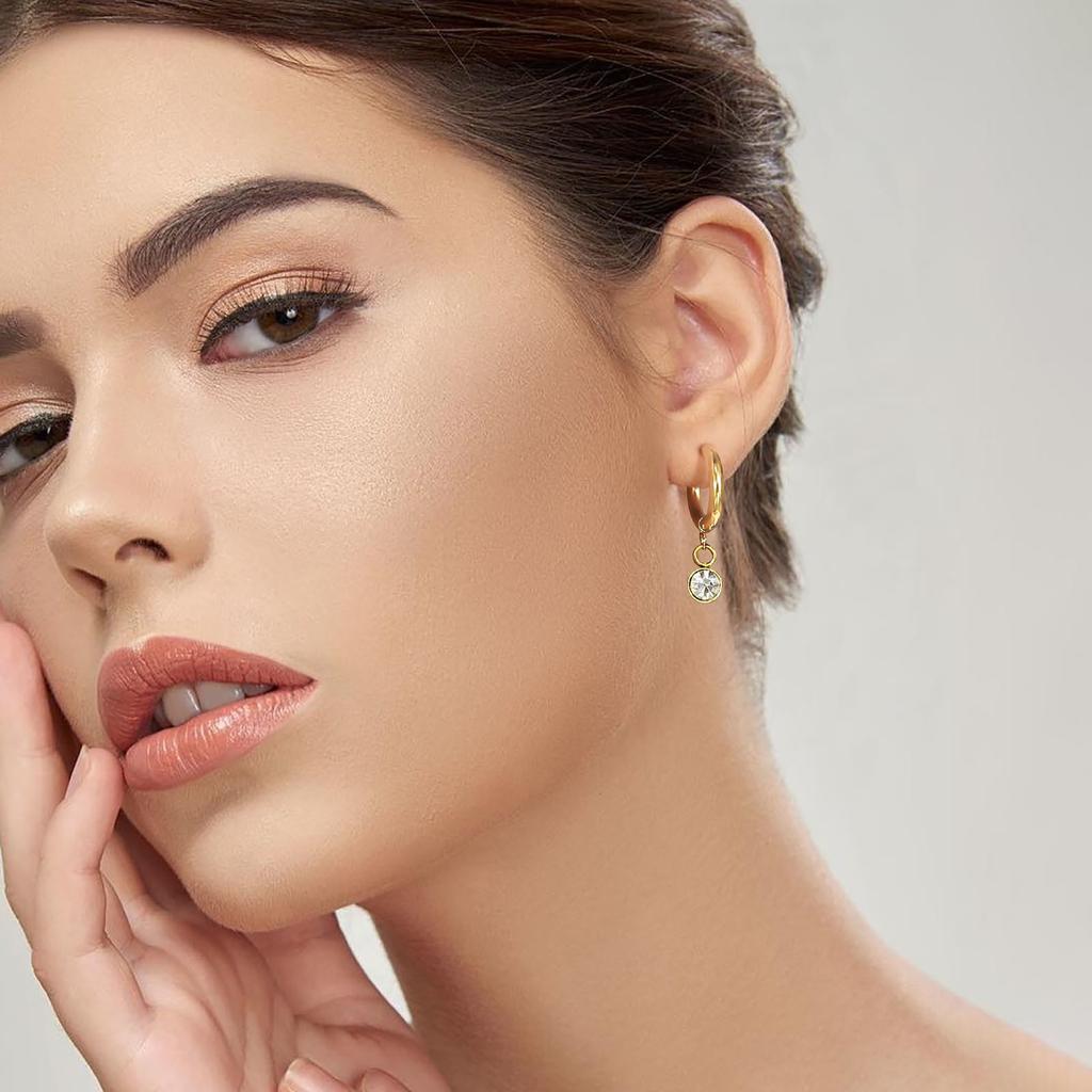 12 Colors Birthstone Huggie Earrings for Women, PVD Gold Color Tone Stainless Steel Brilliant AAA Cubic Zirconia Dangle Ear Clip