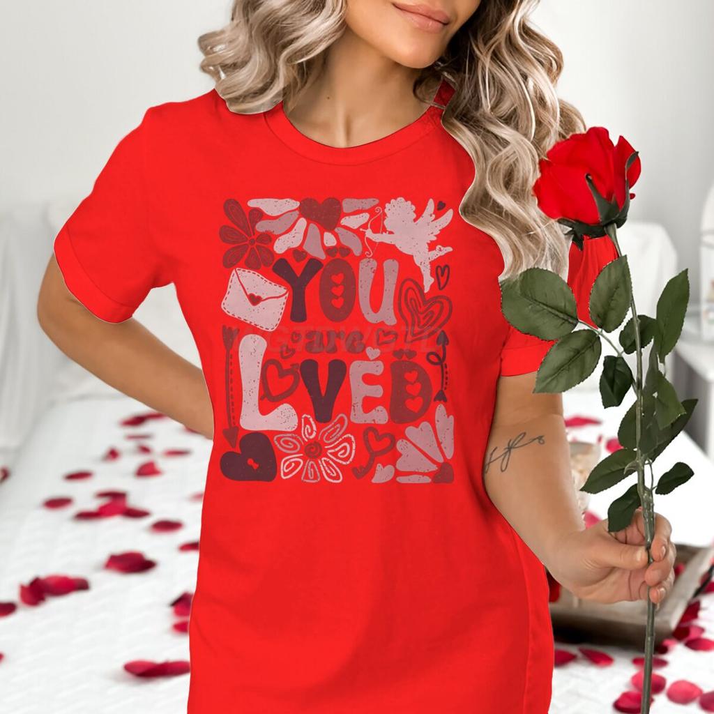 You Are Loved Graphic T Shirts Women Boho Valentine Floral Design Womens Clothing Valentines Day Heart Coquette Retro Tee Top