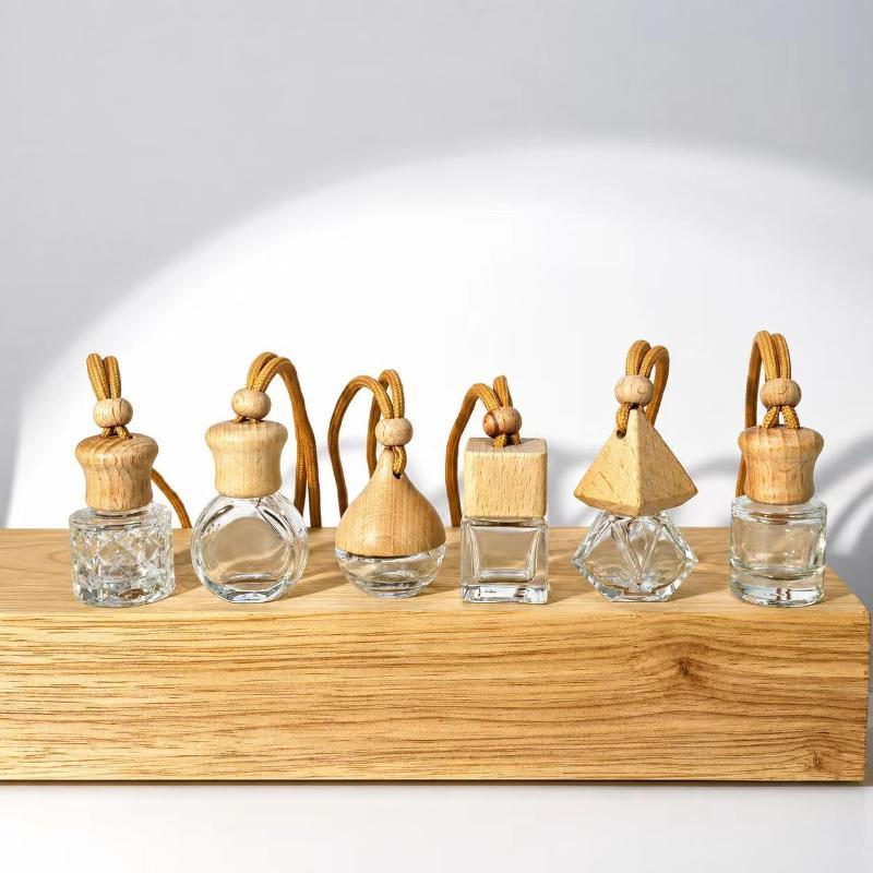Empty Hanging Car Diffuser Bottles with Natural Wooden Lids Clear Glass Reusable for Homemade Car Air Fresheners