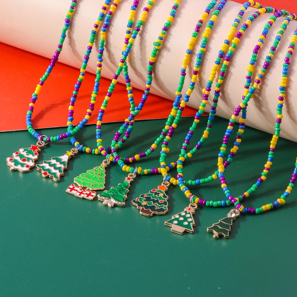 Green Christmas Tree Seed Bead Necklace Set - Holiday Choker Jewelry