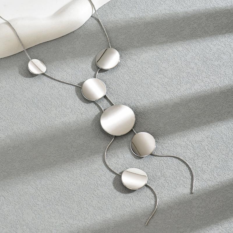 Temperament Geometric Round Piece Long Necklace Women'S Personality Y-Shaped Tassel Collarbone Chain