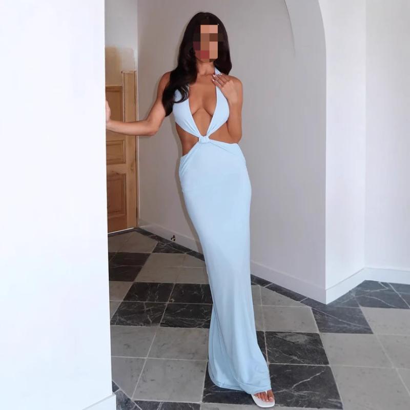 European and American summer sexy solid color hollow out deep V-neck hanging neck twisted irregular dress