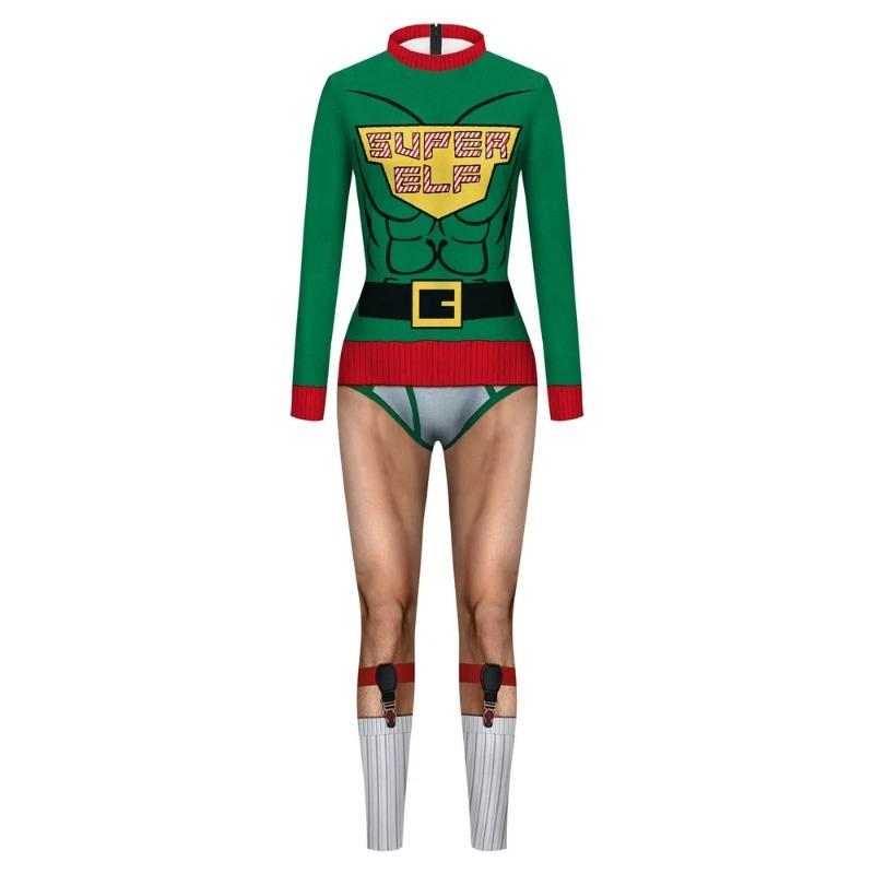 Damen Weihnachts Gürtel 3D Druck Cosplay Kostüm Sexy Jumpsuit Body Erwachsener Karneval Party Kleidung monos mujer Weihnachten