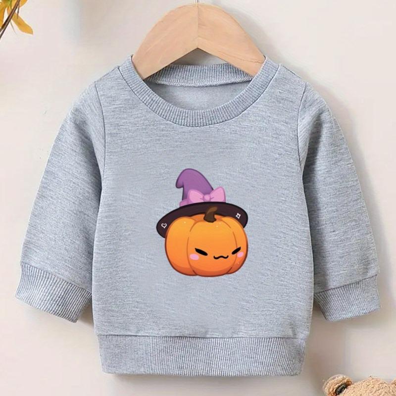 Kids Crewneck Long Sleeve Sweatshirt,Cartoon Pumpkin Wearing Wizard Hat Graphic Print
