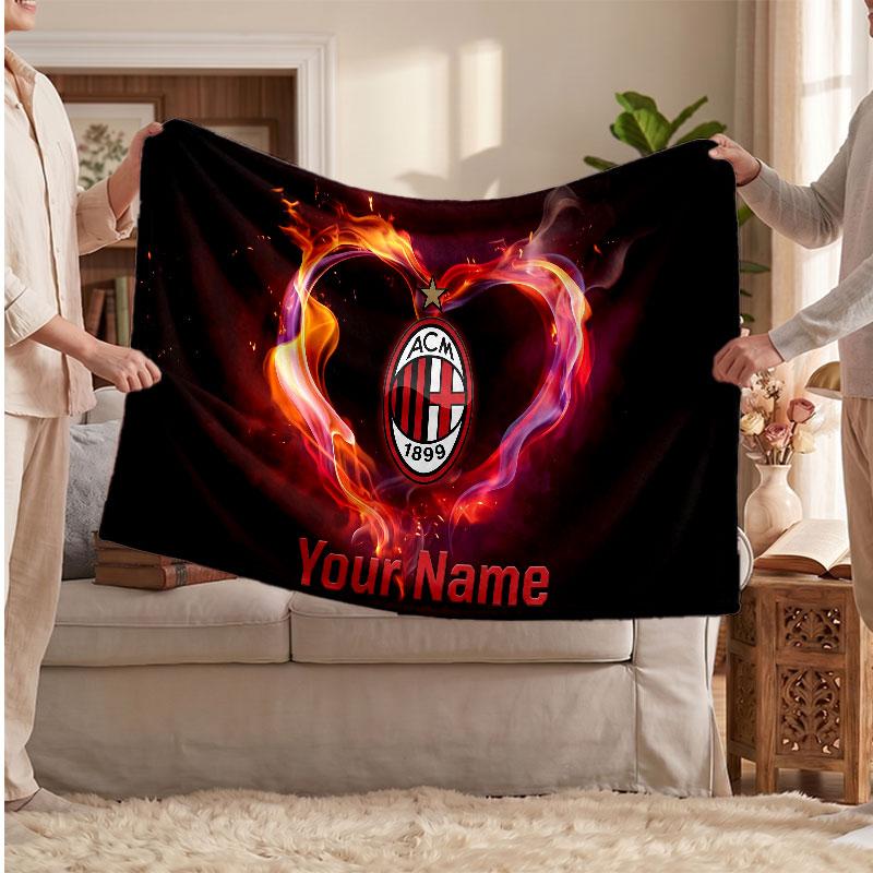 Coperta in Pile Personalizzata AC Milan con Logo Calcio, Testo Nome Personalizzato Morbida Calda Coperta da Divano per la Casa