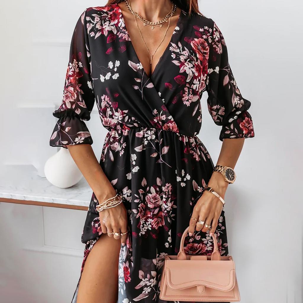 Damen-Pullover mit V-Ausschnitt, bedruckt, mittlere Taille, lässig, locker und dünn, Temperamentkleid