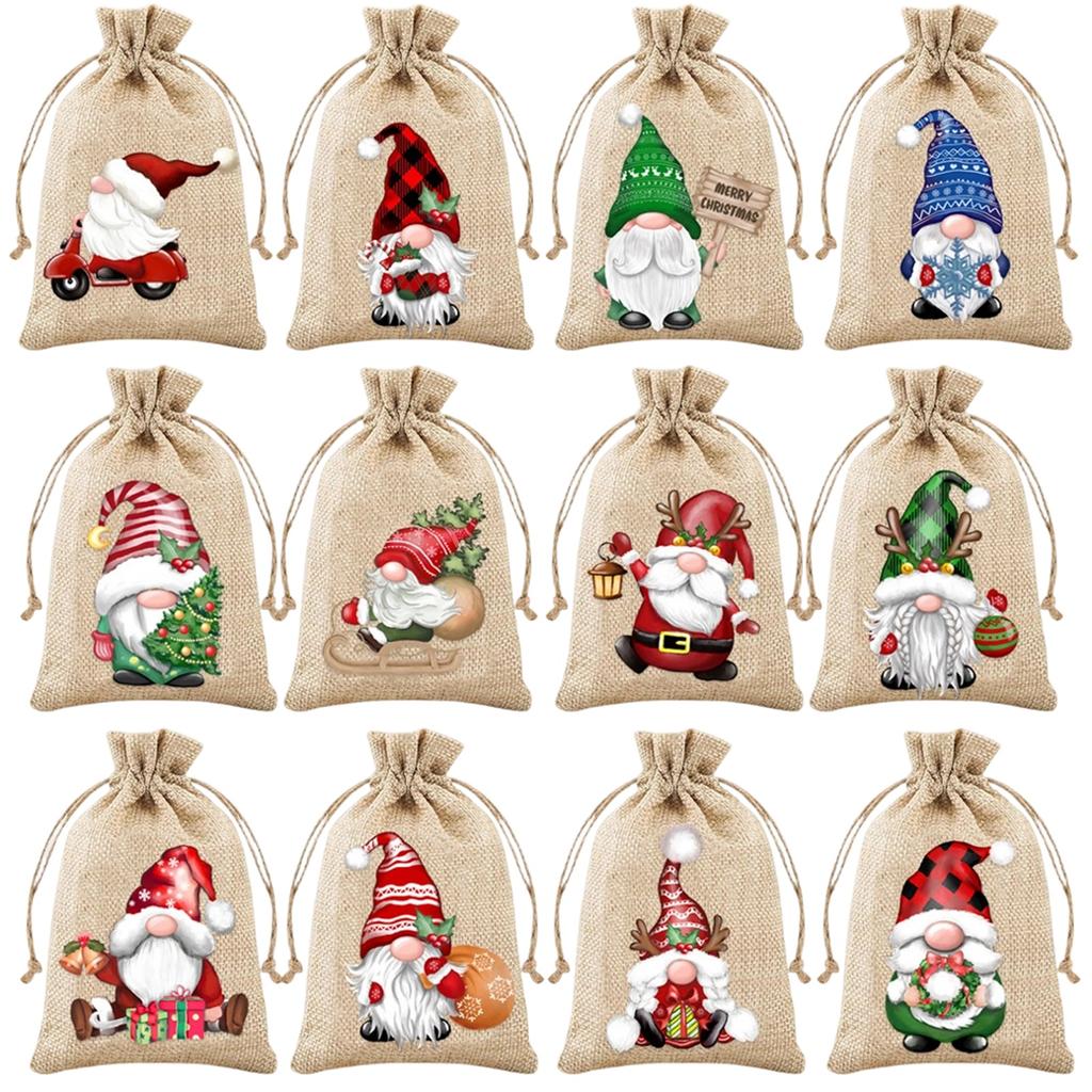 12 Pc Party Gift Bags,  Linen Packaging Bags, Christmas Bundle Bags
