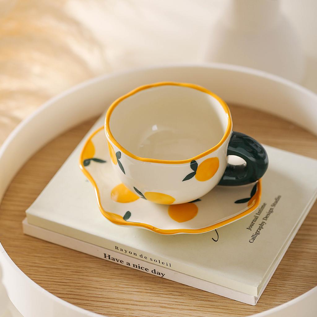 Cute Hand Painted Coffee Cup with Saucer Irregular Flower Cloud Blue Sky Creative Breakfast Milk Tea Mug Gift Set Handmade Drink