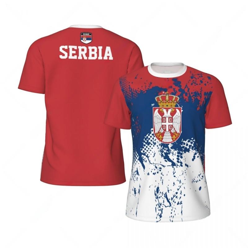 Modische Fußball-T-Shirts mit Serbien-Flaggen-Grafik für Herren, Sommer-Sport, 3D-Nationalwappen-Aufdruck, lockere, atmungsaktive T-Shirts