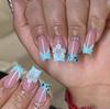 24Pcs Blue French Press On Nails With 3D Carved Flower Leopard Print Square False Nails For Women