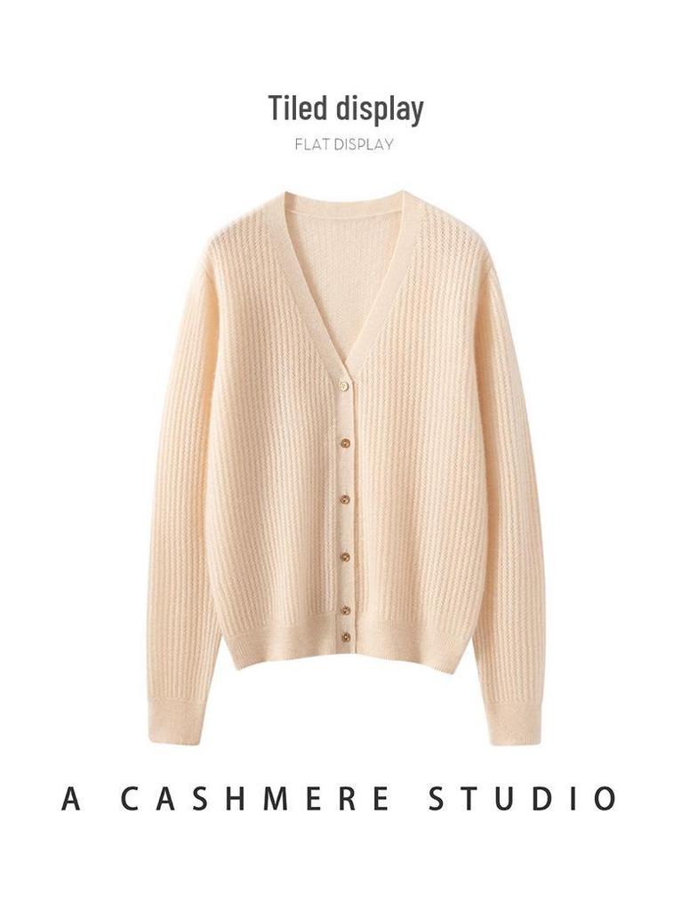 Women's 100% Pure Cashmere V-Neck Cardigan: Ribbed, Loose Knit Sweater Jacket, Slimming Base Layer Outerwear