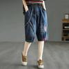 Calça Média Retro de Verão Feminina Patchwork de Tecido Splicing Jeans Seis Pontos Cintura Elástica Feminina Calças Jeans Curtas Casuais
