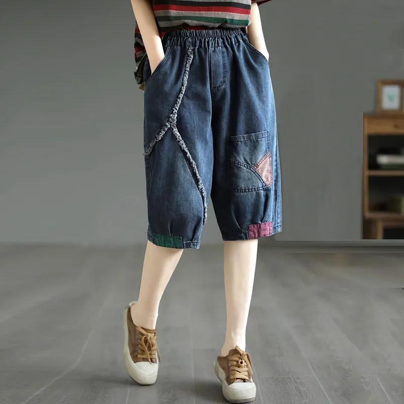 Calça Média Retro de Verão Feminina Patchwork de Tecido Splicing Jeans Seis Pontos Cintura Elástica Feminina Calças Jeans Curtas Casuais