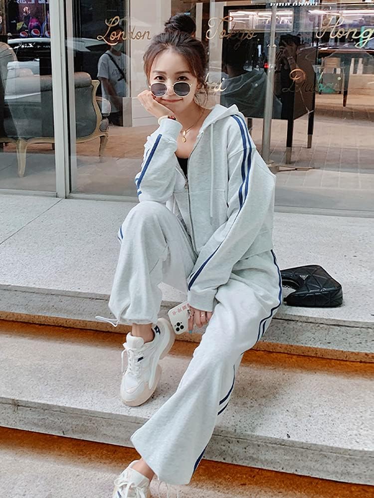 Hoodie and Tracksuit Sweatshirt with Sports Casual Loose Korean Plus NTZ05 D.IIZOO Women's Spring/Autumn 2-Piece Set, Zip-Up Pants, Loungewear, Fit,