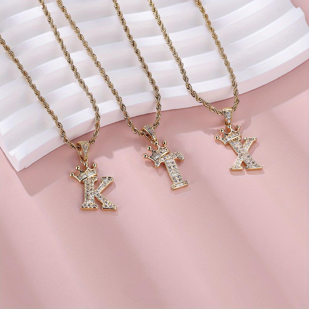 1 Pc Golden Color 26 English Letter Princess Crown Necklace Pendant Wedding Band Jewelry Valentine's Day Gift