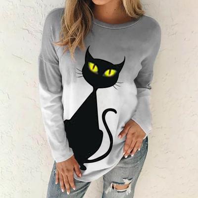 Top autunnali da donna T-shirt a maniche lunghe causale con stampa gatto nero allentato